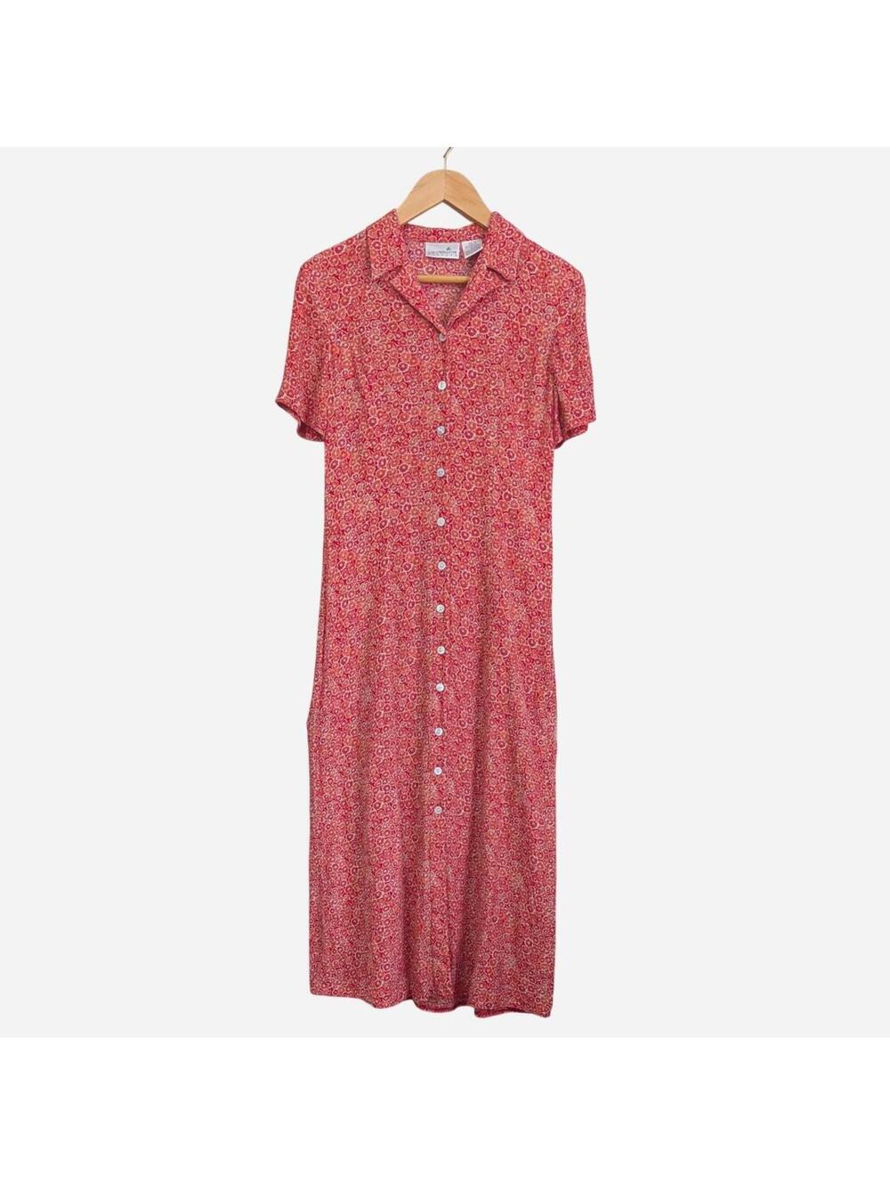 1990s Liz Claiborne Dresses Red Floral Ditsy Print Maxi Shirt Dress Small